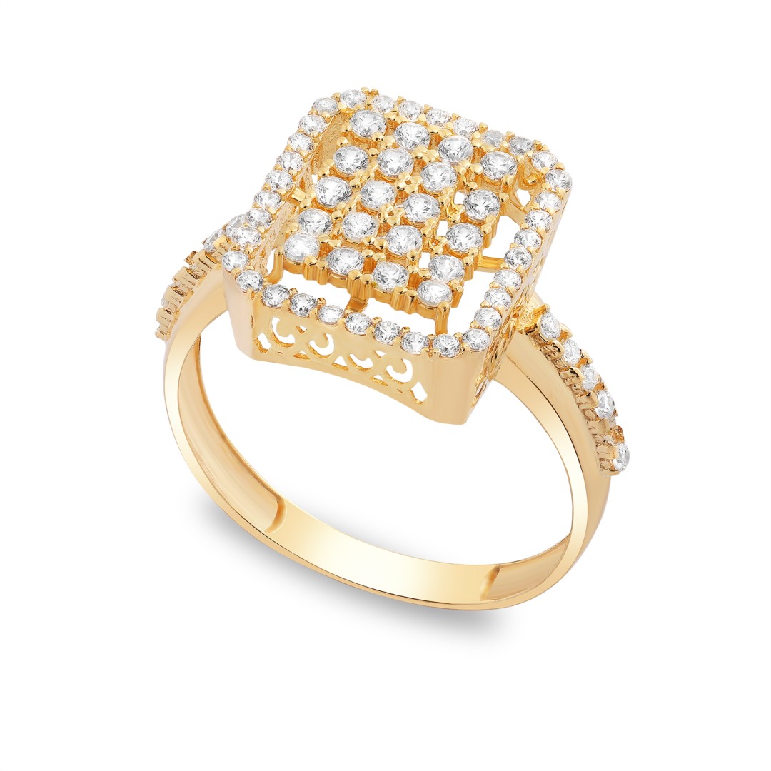 14 Ayar Sarı Altın Baget Tarzı Yanları Taşlı Yüzük