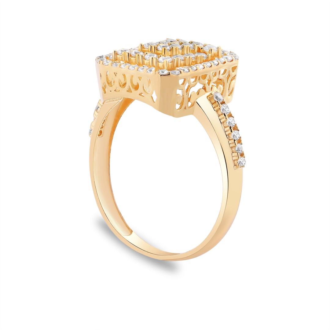 14 Ayar Sarı Altın Baget Tarzı Yanları Taşlı Yüzük